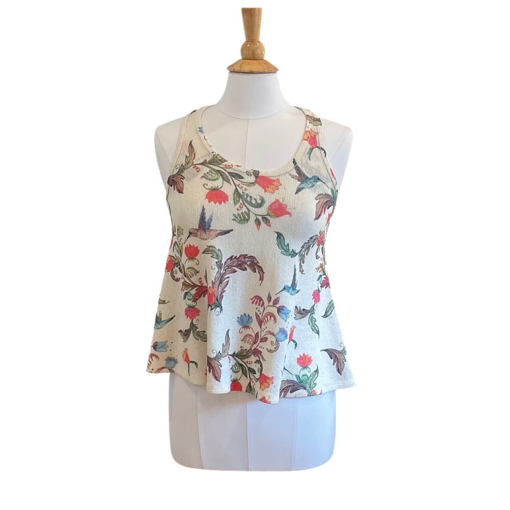 Gaze Knit Racerback Tank Top, Floral, Hummingbird Print, Y2K, Boho, Casual, S